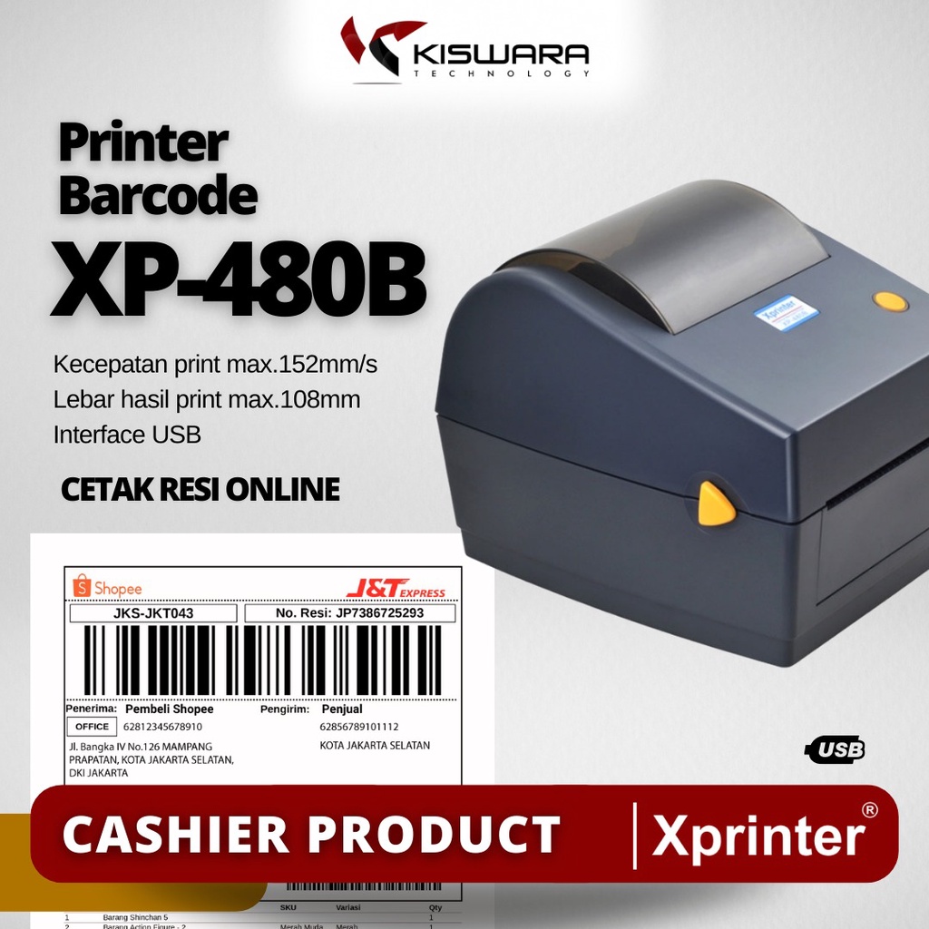 Xprinter Printer Barcode Thermal XP480B USB LABEL ALAMAT SHOPEE