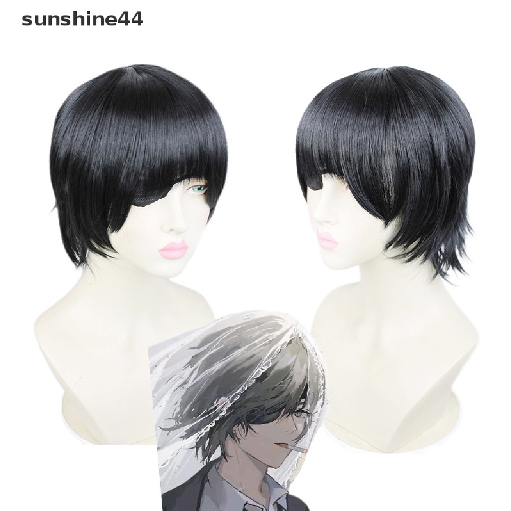 Sunshine Himeno Wig Chain Man Hitam Pendek Berbulu Lapis Rambut Sintetis Tempelan Tahan Panas Kostum Wig Pesta.