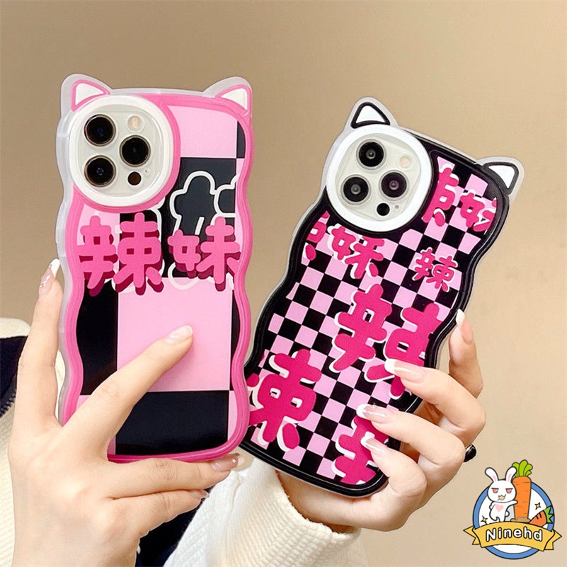 IPHONE Casing Kompatibel Untuk Iphone14 13 12 11 Pro Max X Xr Xs Max8 7 6 6s Plus SE 2020 Korea Motif Kisi Rose Pink Casing Ponsel Bumper Shockproof Silicone Soft Case Cover Pelindung