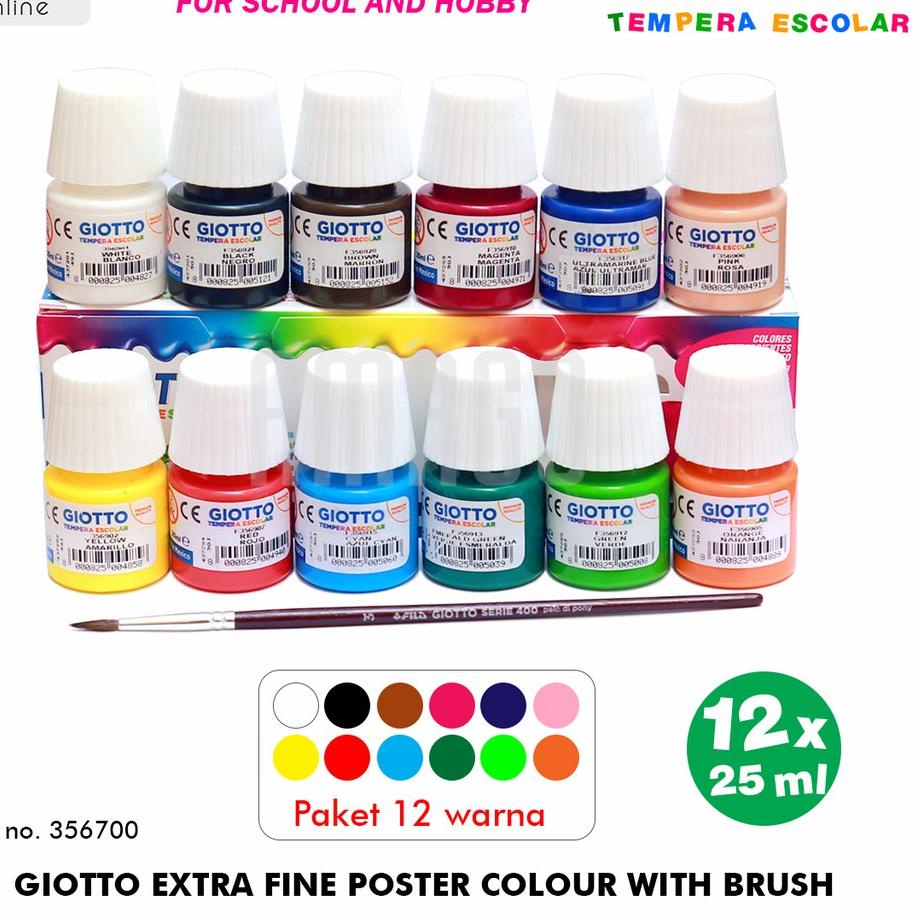 

Trendy !! CAT POSTER GIOTTO EXTRA FINE TEMPERA ESCOLAR - 12 WARNA x 25 ml - BONUS KUAS -