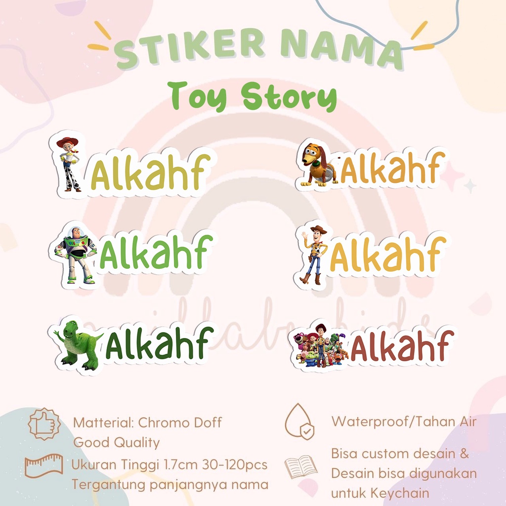 

Stiker Kiss Cut TOY STORY Label Nama Waterproof Tahan Air