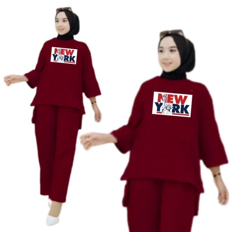 Setelan Kaos Wanita Dewasa Oversize Ld 130 cm Terbaru 2023 Viral Gambar DTF Bahan Kaos Babyterry Tangan 3/4 dan Celana Panjang One Set Wanita Dewasa Jumbo Kekinian Atasan Baju Wanita Dewasa Big Size Stelan Baju Wanita Santai Cewek NEW YORK