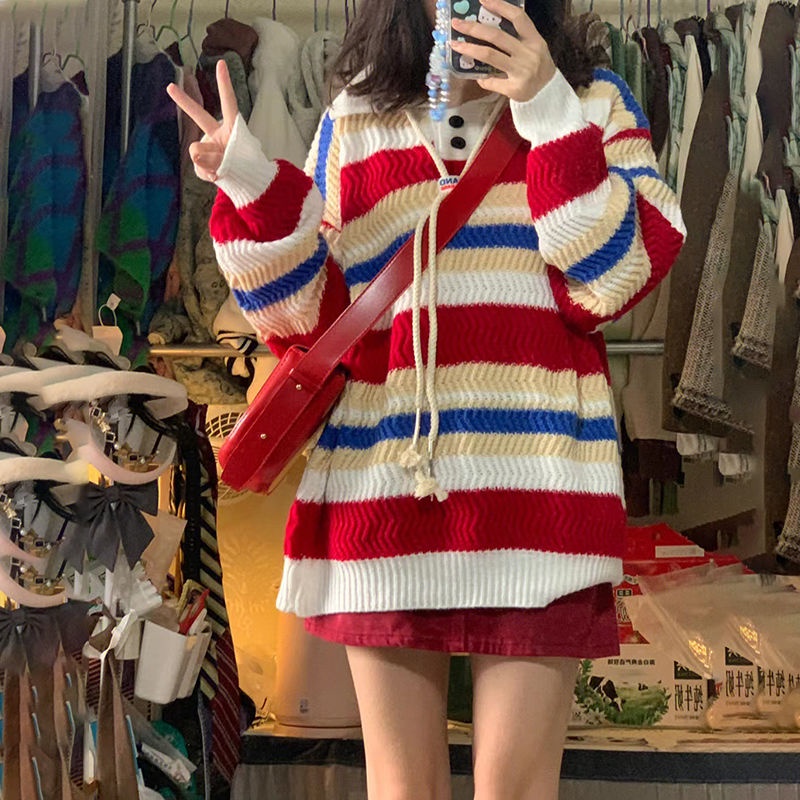 Red Manis garis pelangi Jepang warna kontras polo collar sweater siswa perempuan musim gugur dan musim dingin pakaian rajut Korea baru pasang teratas