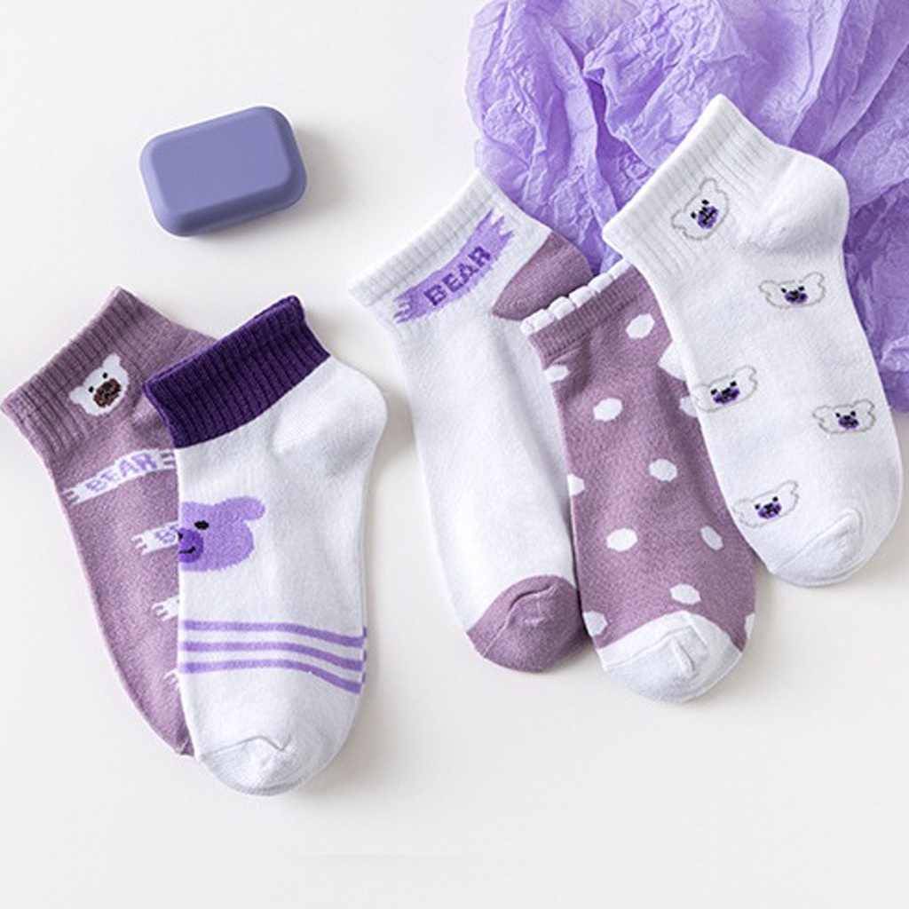 BRGUNIK Kaos Kaki Pria Wanita Motif Beruang Ungu Kaos Kaki Pendek Fashion Korean Purple Bear Socks Import KK030