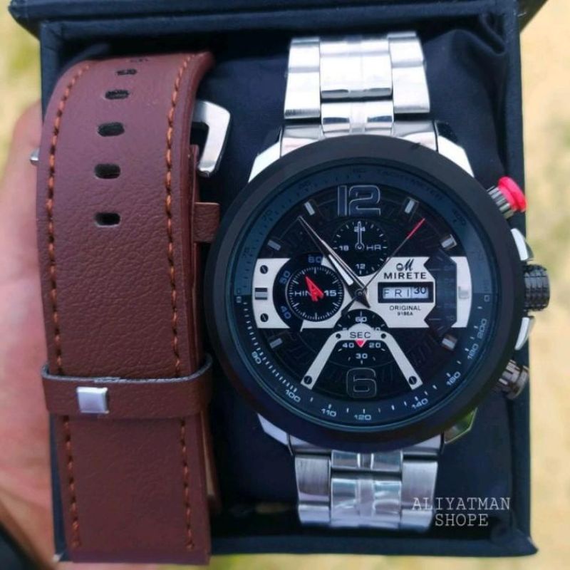 JAM TANGAN MIRETE ORIGINAL DUA TALI NEW TERBARU FASHION PRIA JAM TANGAN MIRETE ORIGINAL, JAM TANGAN COWOK RABTAI STAINLIS STEL TAHANNAIR COD BAYAR DI TEMPAT FRE BATRAI CADANGAN, MIRETE