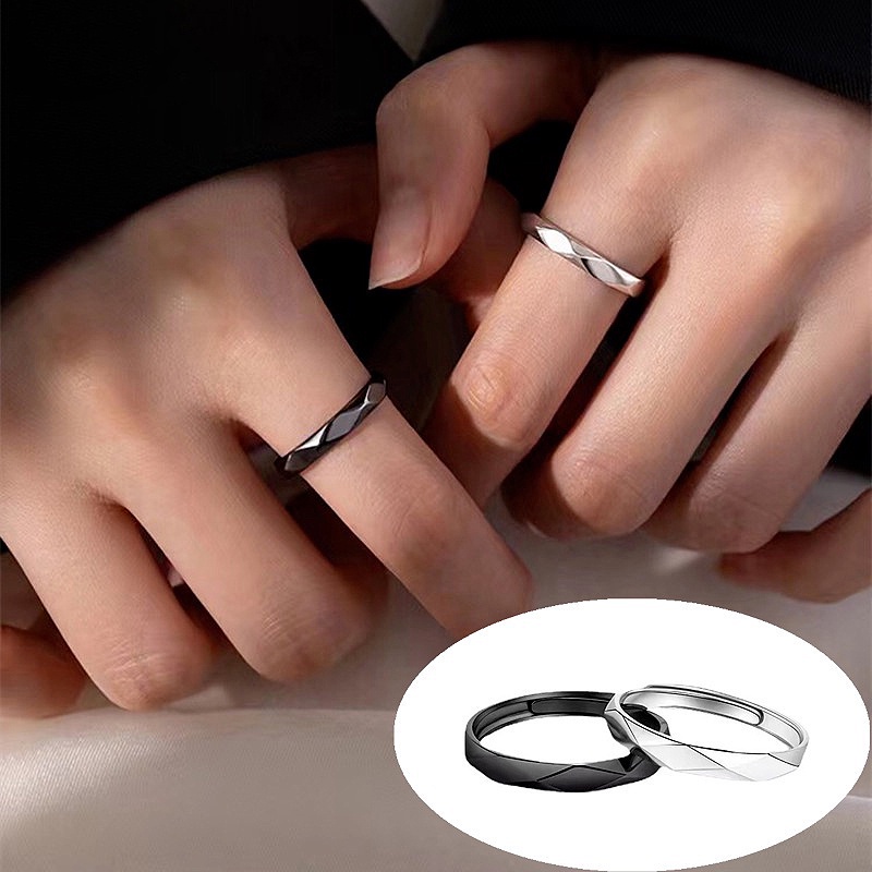 Belah Ketupat Couple Rings Adjustable Perhiasan Aksesoris Elegan Cincin Tunangan Trendy Hitam Putih Alloy Ring