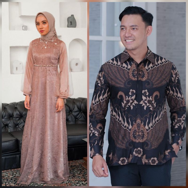 COUPLE DRESS NADINE WARNA NUDE EXLUSIVE DRESS MODERN BAJU BUSANA MUSLIM RAMADHAN KONDANGAN BAJU PASANGAN BATIK SARIMBIT