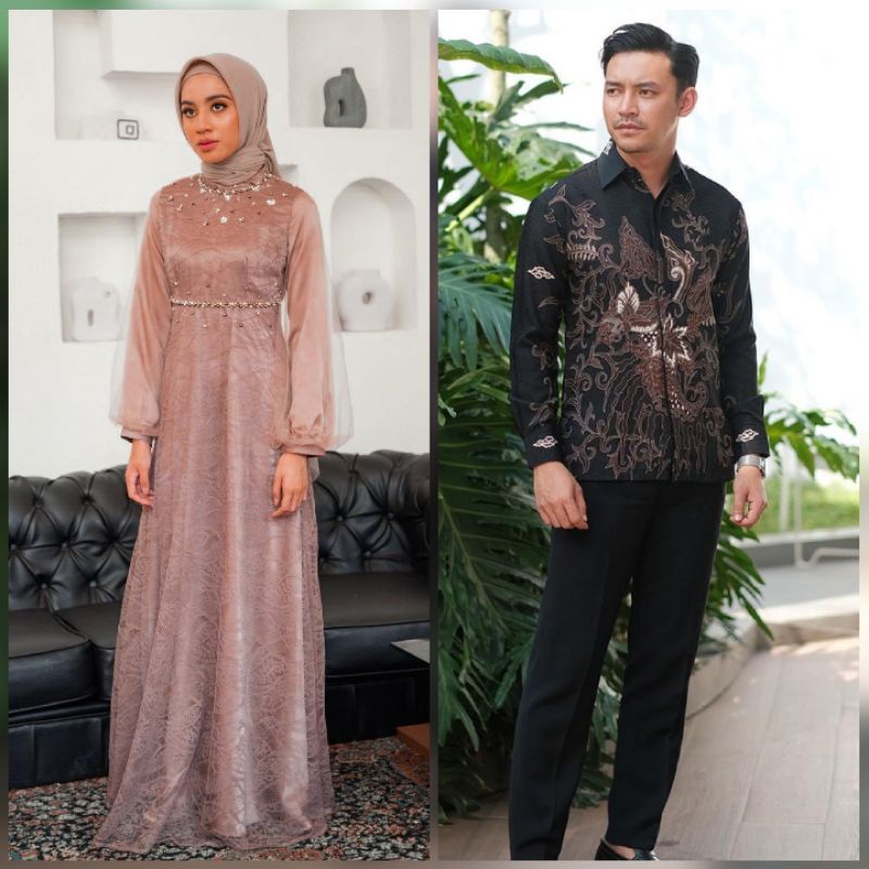 COUPLE DRESS NADINE WARNA NUDE EXLUSIVE DRESS MODERN BAJU BUSANA MUSLIM RAMADHAN KONDANGAN BAJU PASANGAN BATIK SARIMBIT