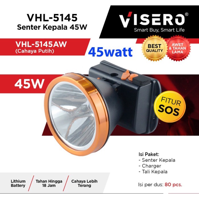 Penerangan Senter Kepala 45W Cahaya Putih Visero Vhl-5145 45W Head Lamp Headlamp
