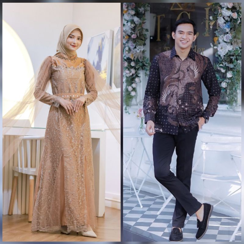 BATIK EXPRESS | Gamis Brukat Maxi Dress Couple Amera Lengan Panjang Gamis Kekinian Dress Bridesmaid Baju Kondangan Wanita Brukat Tulle Mix Payet Mutiara Gamis Lebaran 2023