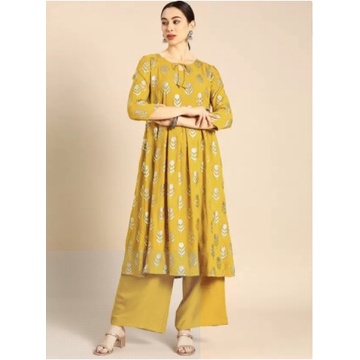 KURTI INDIA 1 SET DENGAN CELANA SIZE M L / ANOUK  YELLOW Women Kurta and Palazzo Set Viscose Rayon / BAJU LEBARAN WANITA / BAJU PESTA WANITA