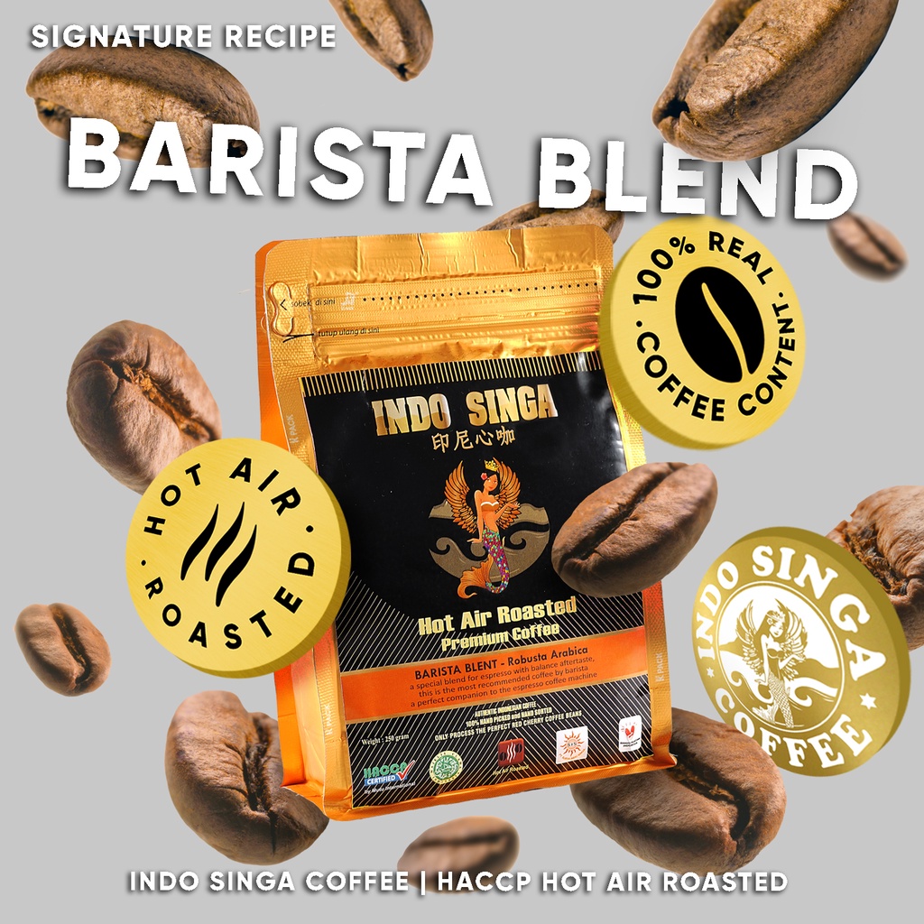 

Kopi Indo Singa Barista Blend Arabica Robusta Coffee | Hot Air Roasted Kopi Sangrai Arabika Robust Biji Bubuk | Cafe Latte Espresso Roast Manual Brew Grade 1 G1