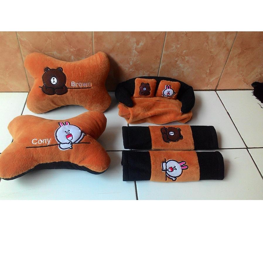 Paling Laku Bantal Mobil Karakter APLIKASI Coklat 3in1 Car Set Headrest Pillow Sandaran Kepala Leher
