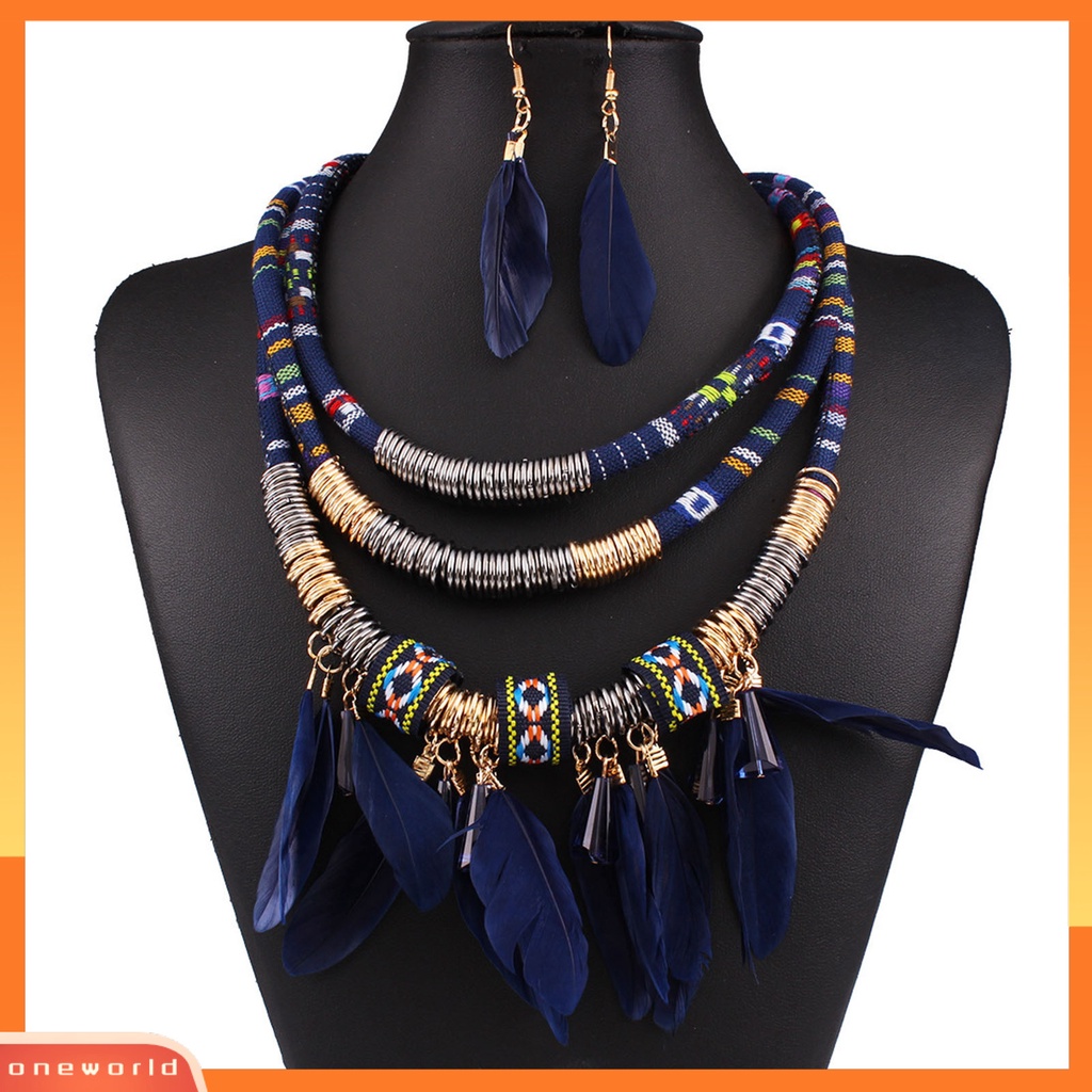 [oneworld] 2pcs/set Bulu Rumbai Kalung Anting Set Multilayer Alloy Bohemian Etnik Perhiasan Set Perhiasan Aksesori