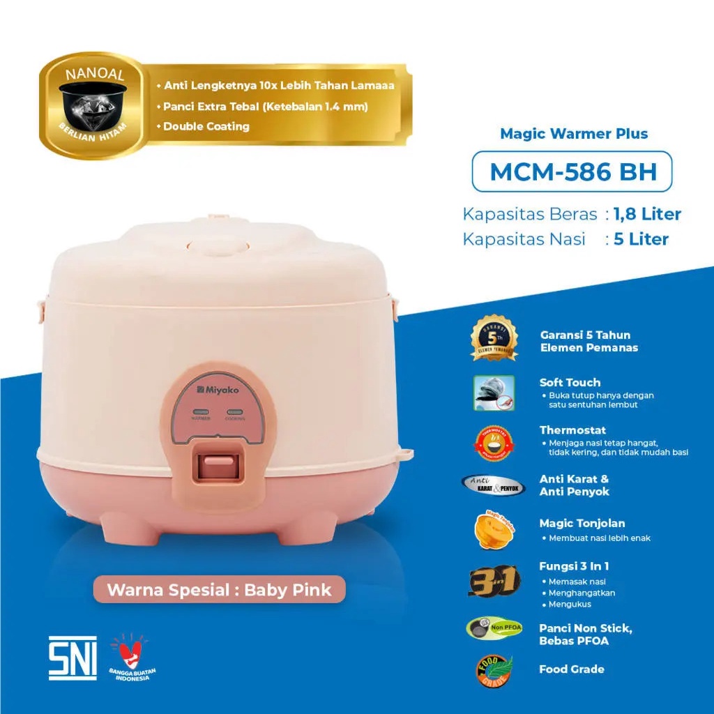 Rice Cooker Miyako MCM-586 BH 1.8 Liter Magic Com MCM-586BH Baby Pink 3in1 Anti Lengket MCM 586 BH Food Grade