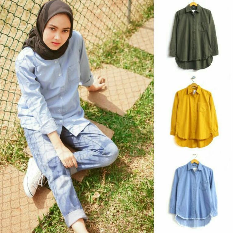 Siap Kirim HnM Army denim Kemeja Polos Wanita Baju Kantor Lengan Panjang Cewek Formal Pakaian Kerja 