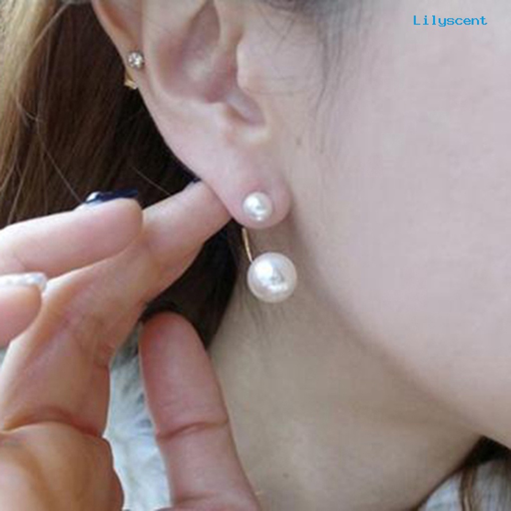 [LS] 1pasang Ear Stud Double Faux Pearl Chic Alloy Fashion Pernikahan Anting Untuk Wanita