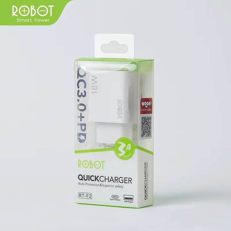 Charger 18W ROBOT RT-F2 QC 3.0 Dual Output USB dan TYPE-C Garansi 1 Tahun