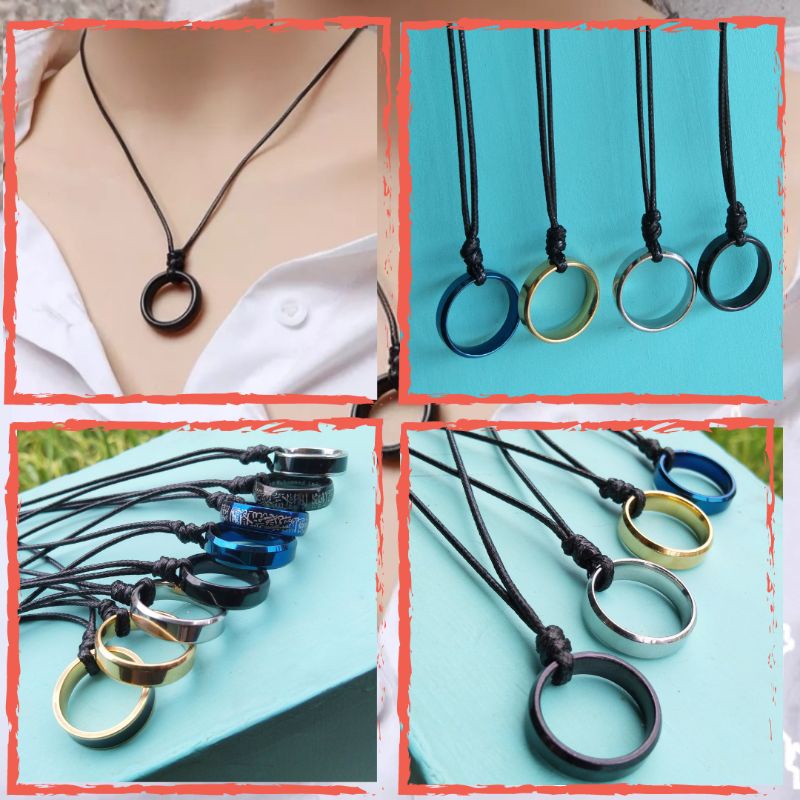 Kalung tali hitam liontin cincin titanium motif hitam silver emas biru