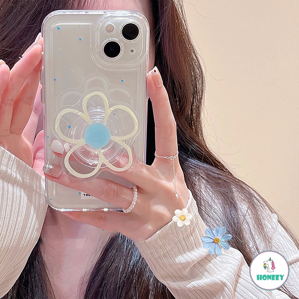 IPHONE Ins Flower Diasy Stand Holder Phone Case Kompatibel Untuk Iphone14 13 12 11 Pro Max Clear Stand Mount Shockproof Lembut TPU Belakang Ponsel Cover