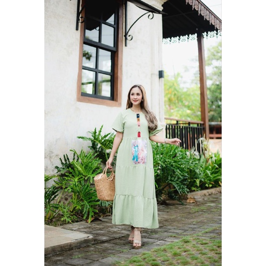 Daster Crinkle Airflow Motif/Dress Kringkel Motif Kayla Pelangi Terbaru/Gamis Susun Bahan Crinkle Ai