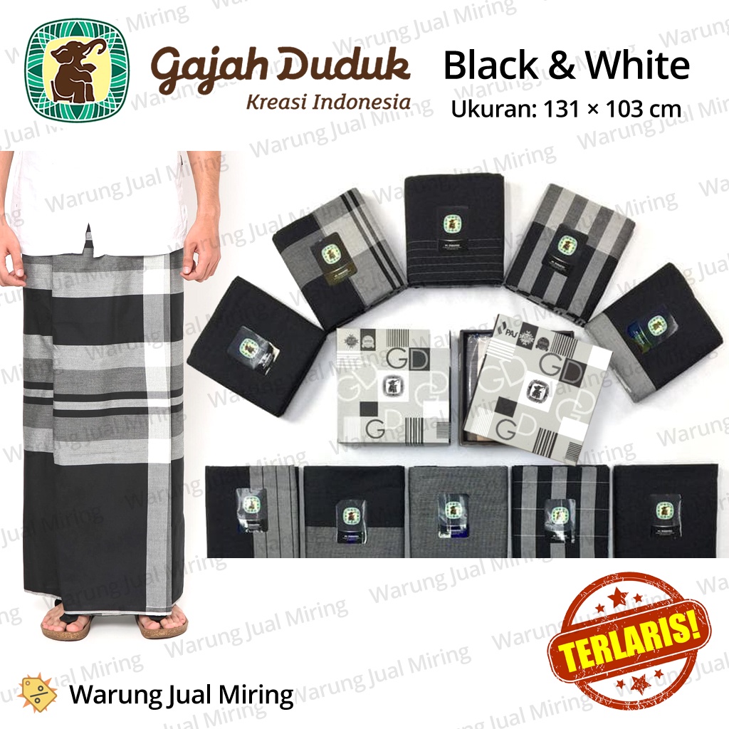 Sarung GAJAH DUDUK Black &amp; White BW Hitam Putih Sarung Cap Gajah Duduk Original Asli Dewasa Pria Laki Kain Samping Perlengkapan Sholat Anak Santri Sarung Putra Gajah Duduk Bahan Katun Tenun Jumbo Super Premium Warna Polos and Motif Kotak Sarung Wadimor