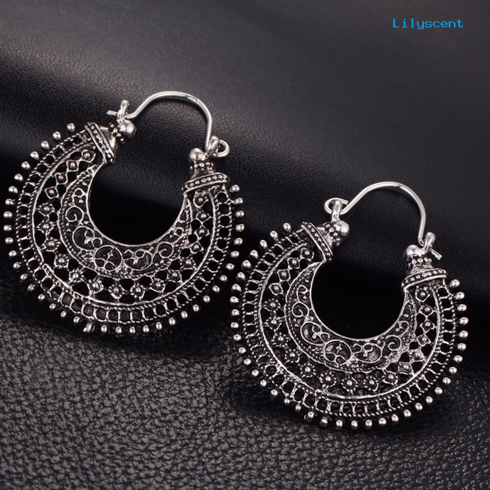 [LS] Retro Etnik Berongga Keluar Ukiran U Berbentuk Keranjang Wanita Kawat Hoop Drop Earrings