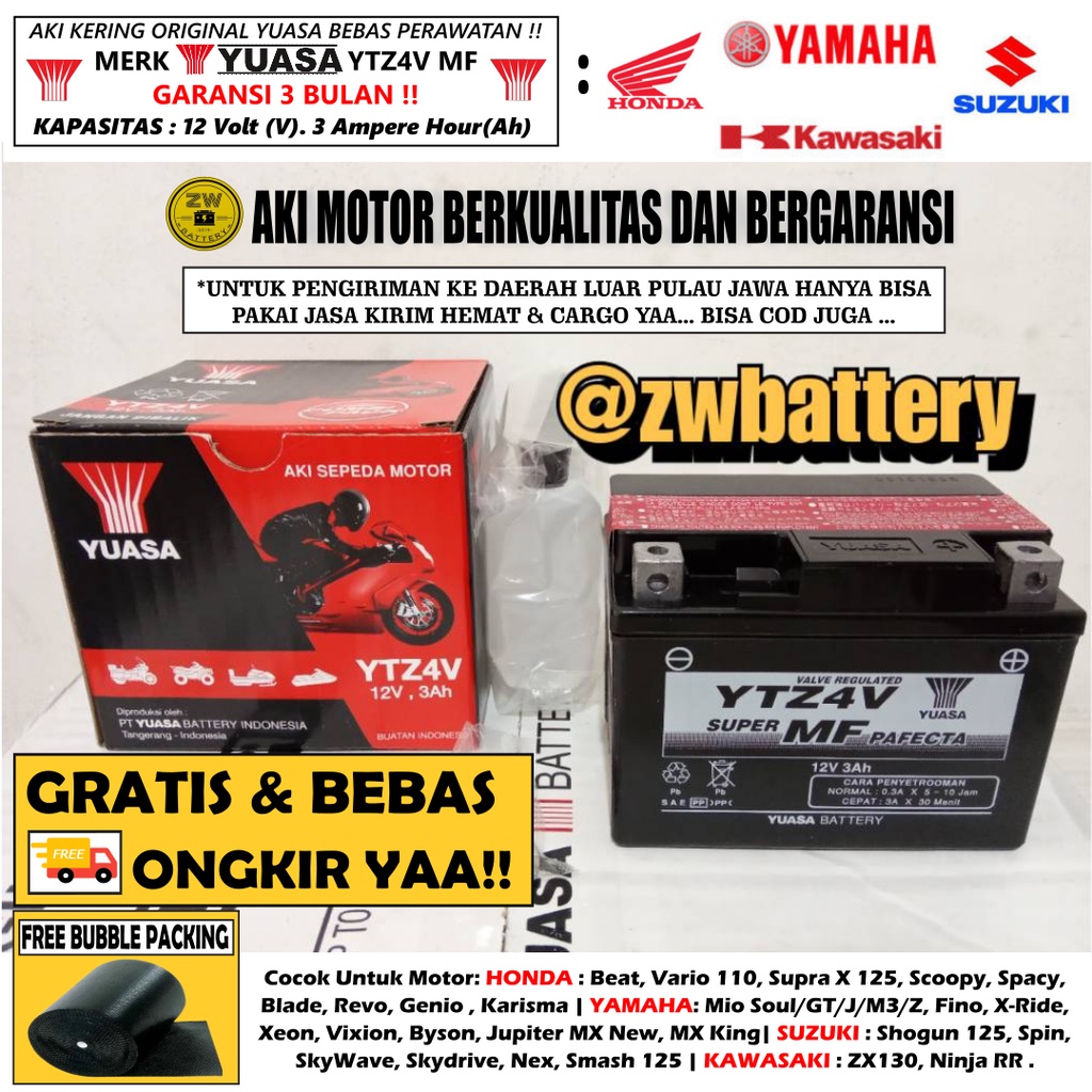 Aki Motor Beat, Scoopy, Mio M3/Z, Vixion, Fino, Kharisma YTZ4V YUASA ORI MF