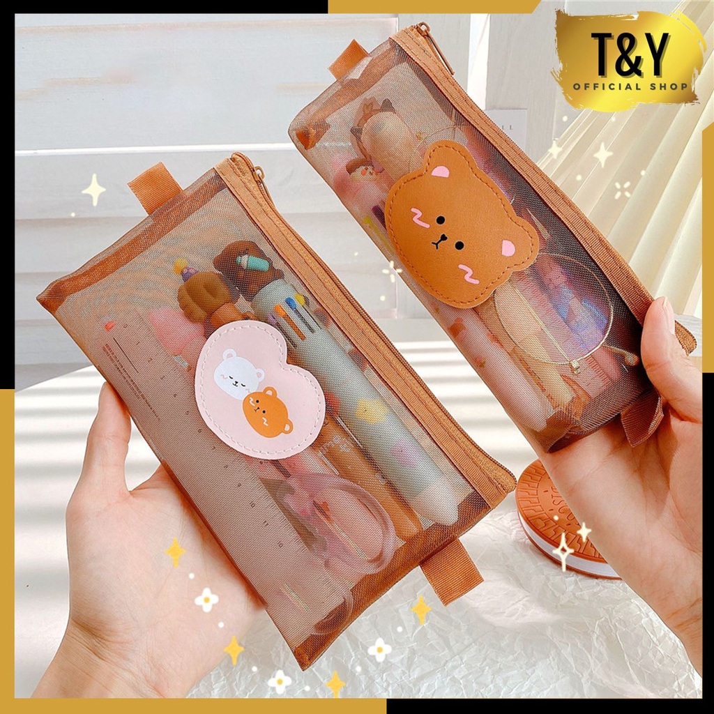 

T&Y Tempat Pensil Zipper Jariing Coklat Motif Beruang Dompet Pensil Coklat Lucu Motif Bear Tempat Makeup Teddy Brown Model Jaring Transparan dan Multicolour Cute