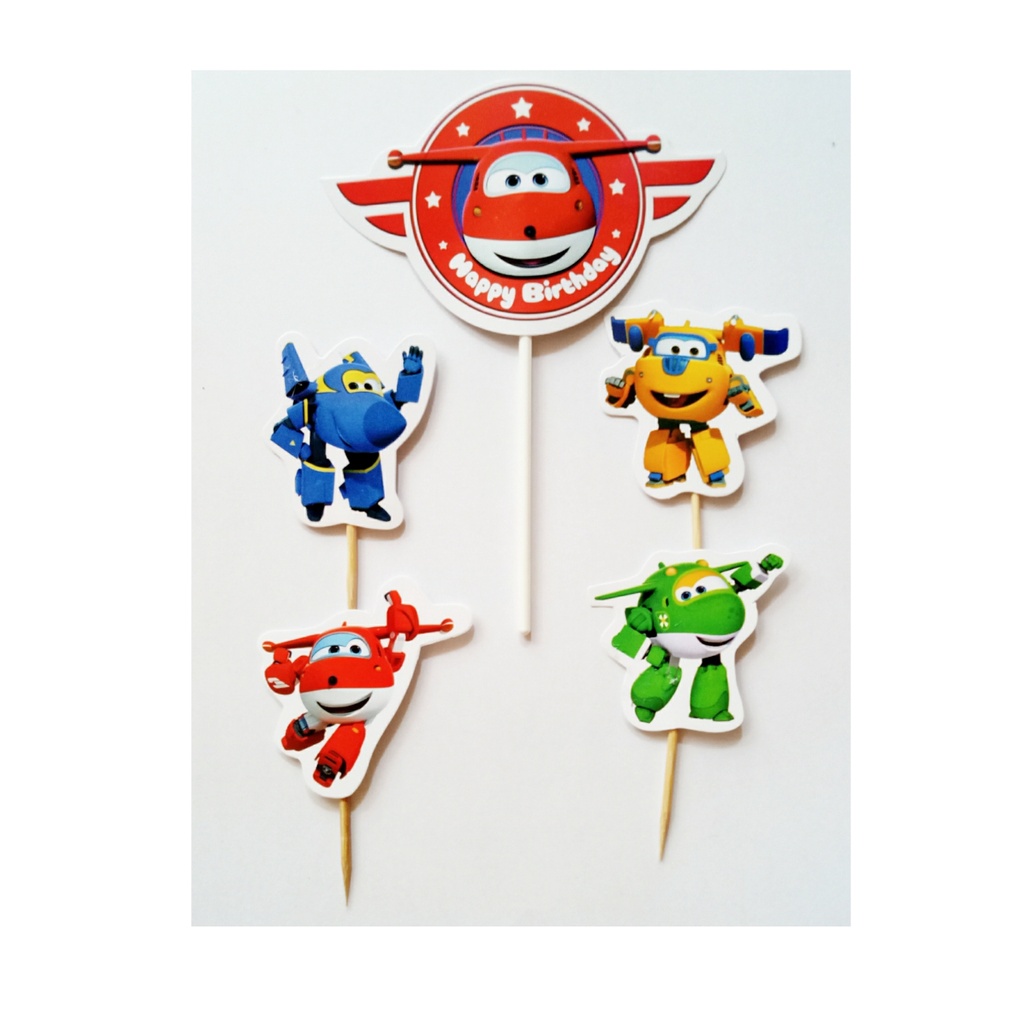 isi 5 hiasan kue ulang tahun cake topper karakter Super Wings SuperWings Super-Wings