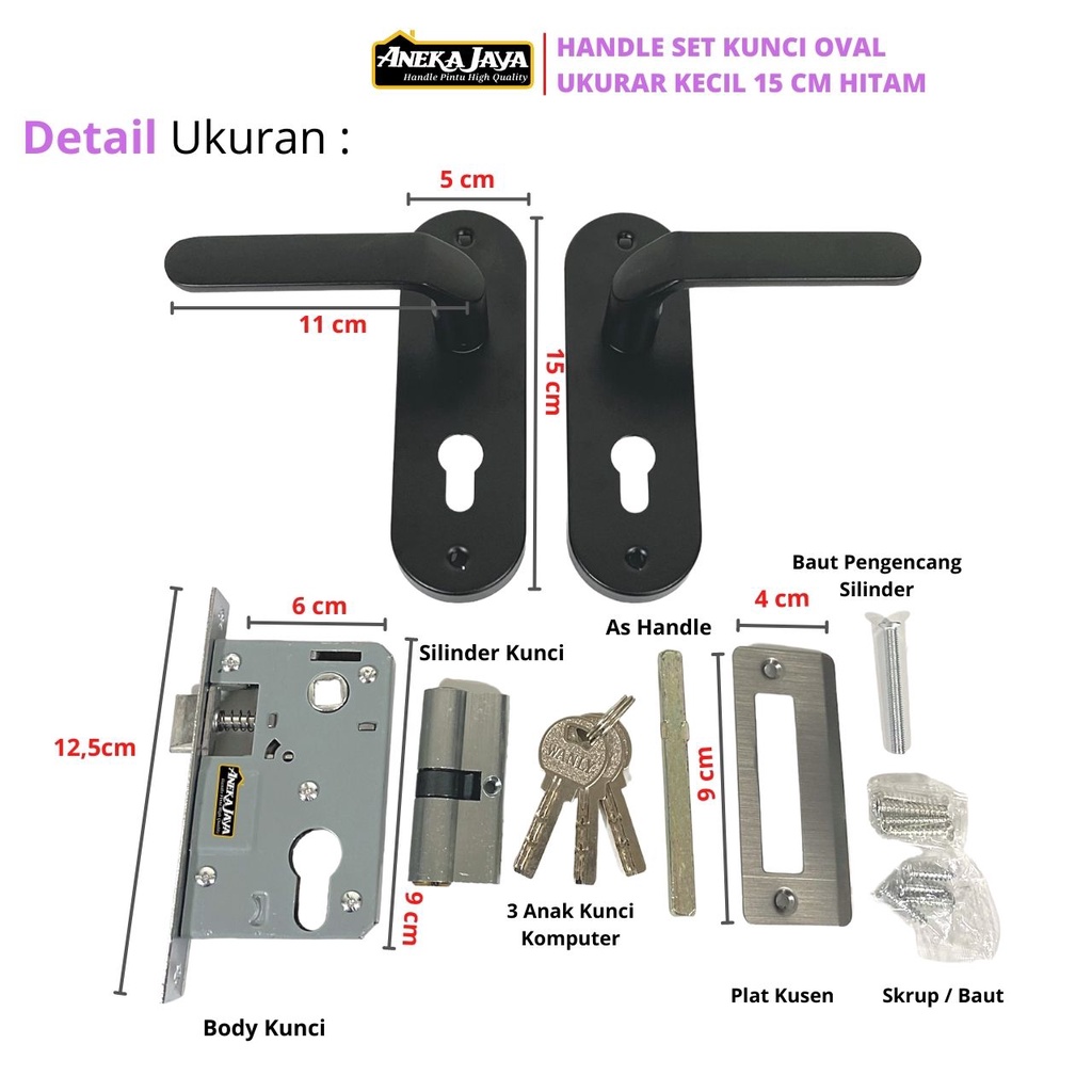 Kunci Set Handle 15 cm Kecil - Hitam Doff - Gagang Pintu Kamar Utama