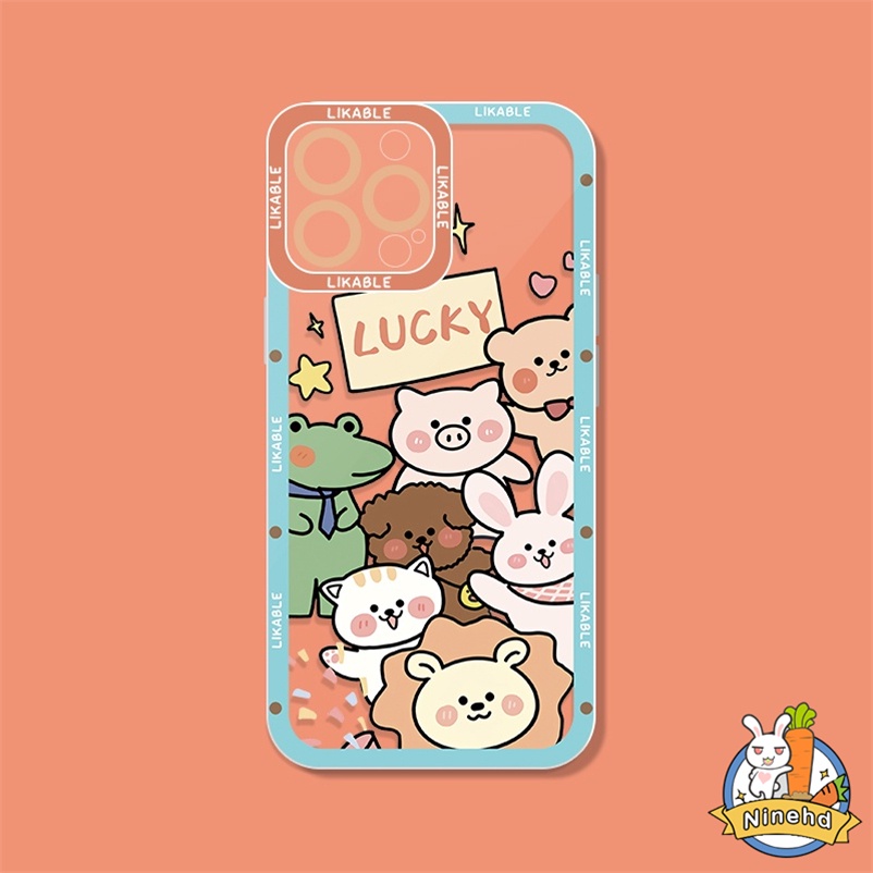 Casing Compatible for Iphone 14 13 12 11 Pro Max Xr Xs Max 7 8 Plus SE 2020 Gambar Kartun Lucu Cute Happy Cartoon Animal Four-corner Anti-drop Anti-dirty Soft  TPU Phone Case