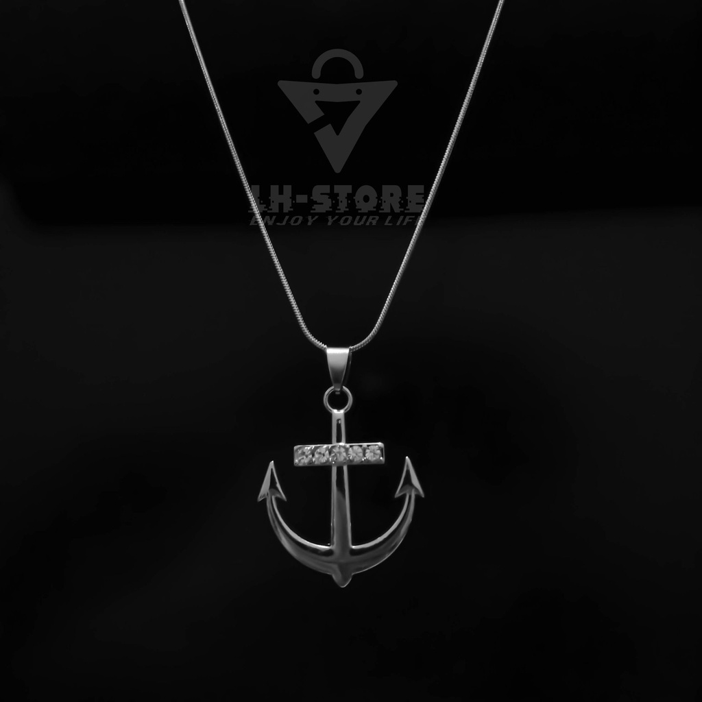 Kalung Titanium Set Liontin Jangkar Silver Permata Terbaru Keren Anti Karat