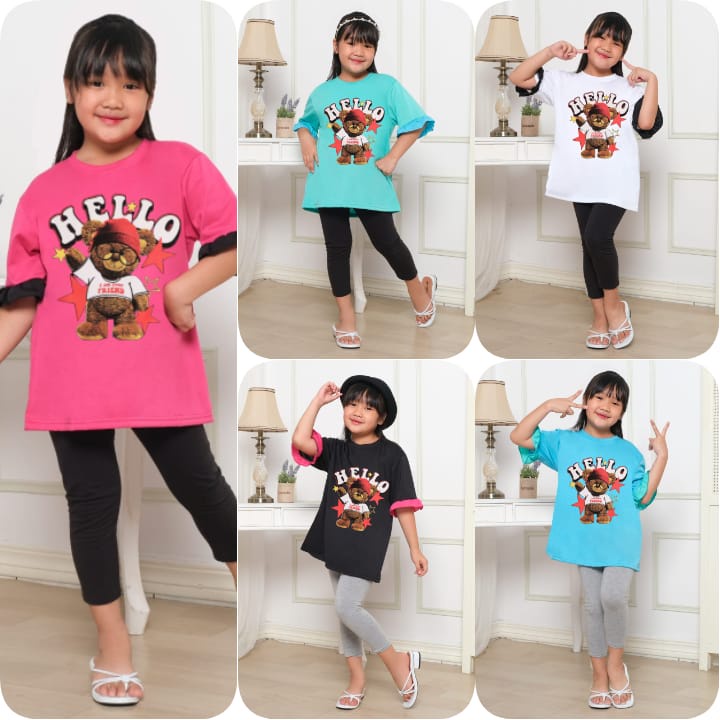 Hzl_outfit Baju Kaos Naswa PendeK Kerut Lengan Bear Hello Friend/Baju Atasan Anak Perempuan