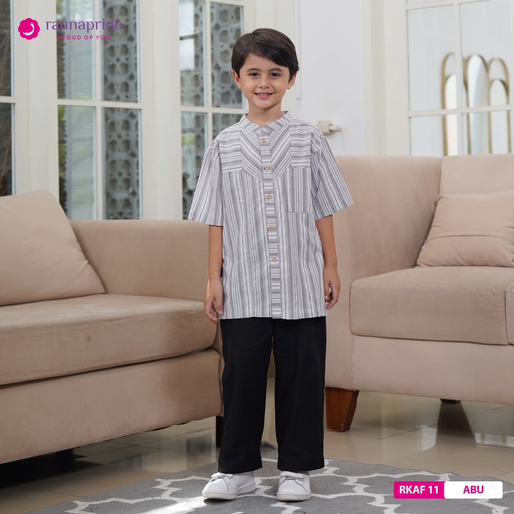 Rauna - Baju Muslim Koko Anak Laki Laki Lengan Pendek Terbaru Lebaran 2023 SR 11 Abu Umur 12 Tahun