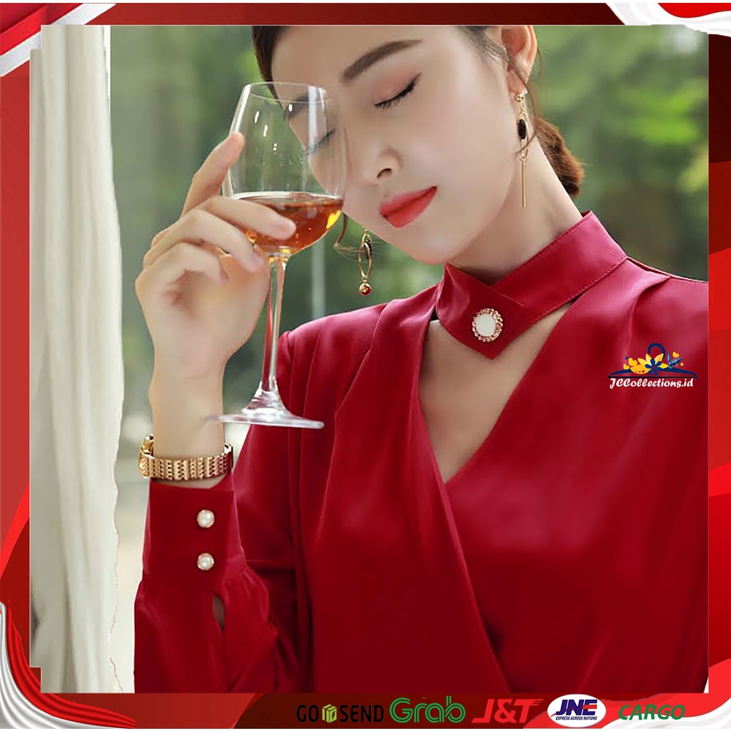 JCCollections Blouse Korea Style Satin Velvet leher tinggi Wanita Gaya Korea Lengan Panjang Minna