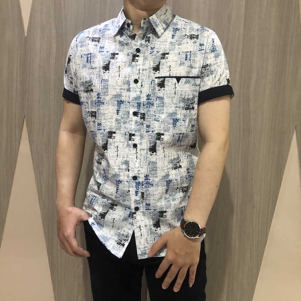 [GRIDLINE - S265 Coastal Blue &amp; Khaki] Kemeja Slimfit Pria Katun Lengan Pendek Motif Modern Premium M-XXL