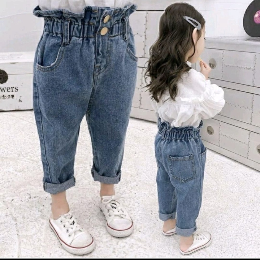 Celana Anak Boyfriend Perempuan Jeans Kancing 2 Usia 3-8 Tahun