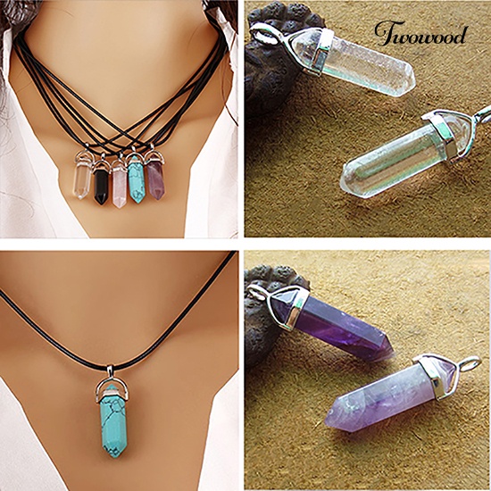 Twowood Faux Gemstone Rock Natural Quartz Titik Penyembuhan Chakra Reiki Pendant Rope Necklace