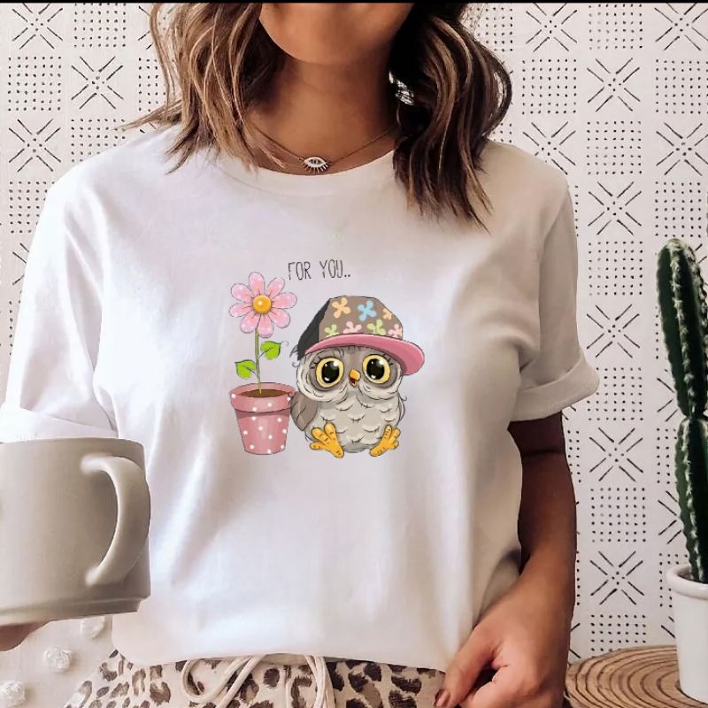 Kaos Wanita Baju Oblong Atasan Lengan Pendek Cewek Cotton Owl Tshirt Oversize Distro Fashion Cod