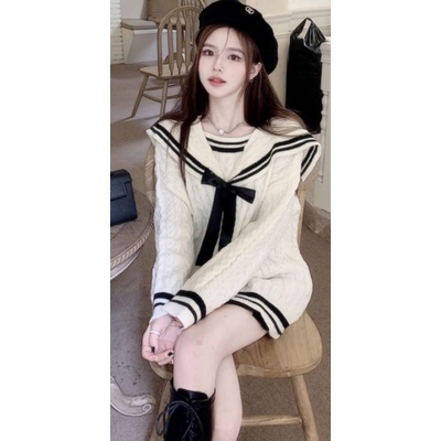 ❤️ PREMIUM IMPORT ❤️ MERRICE BIG SIZE COLLAR SAILOR THICK TEXTURED KNIT TWO TONE LONG SLEEVE LONG BLOUSE SWEATER  SWEATSHIRT