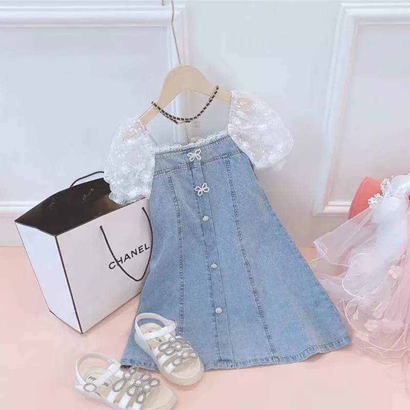 Dress Anak Perempuan Soft Jeans Ribbon Flower