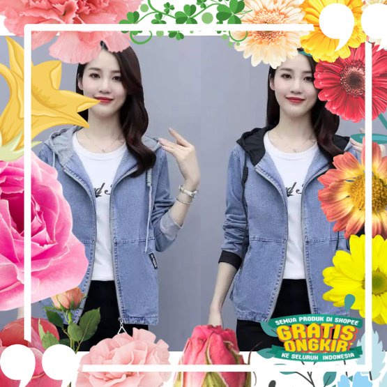 JAKET JEANS WANITA LENGAN PANJANG SLETING/JAKET HOODIE WANITA COMBINASI / merah biru kunng tosca