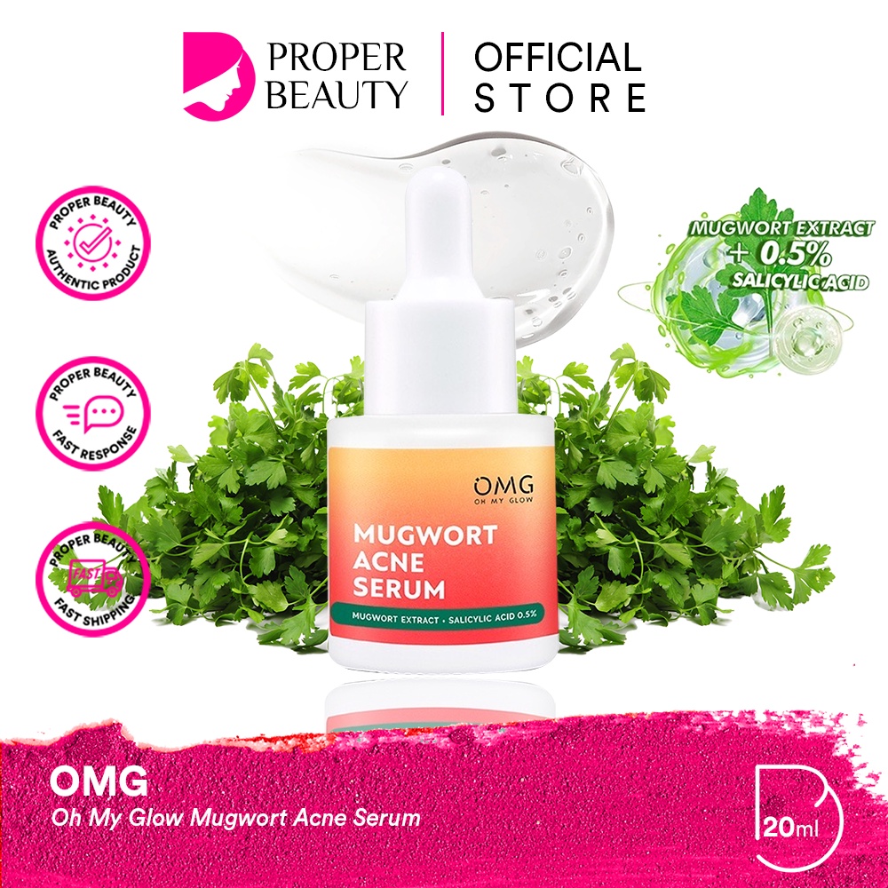 OMG Oh My Glow Mugwort Acne Serum Indonesia / Serum Wajah 20ml / Mugwort Extract + Salicylic Acid 0.5% / Anti Acne Aksi Cepat Merawat Kulit Berjerawat Dalam 7 Hari Jerawat / Skincare Facial Care Muka Series Glow Kit Face Wash Toner Cream / Peach Glowing