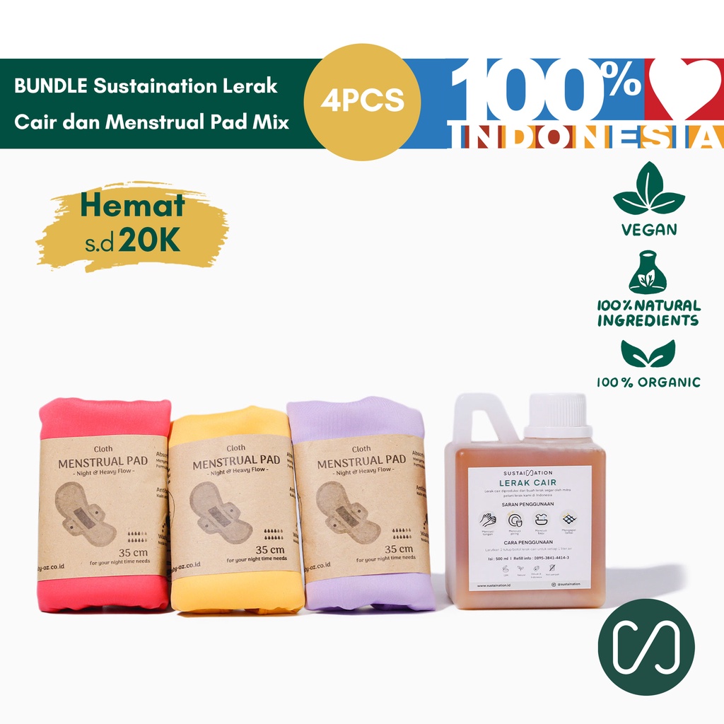 Sustaination Lerak Cair dan Menstrual Pad (3 pcs) - Sabun Cuci Alami dan Menspad Kain