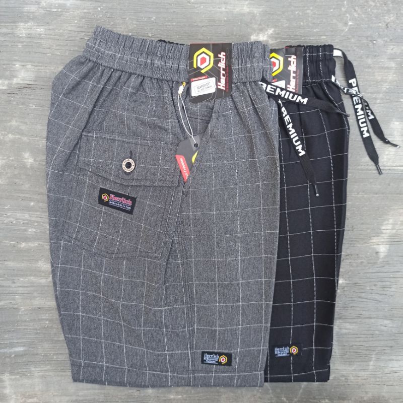 Celana Pendek Boardshort Pinggang Karet Motif Tartan Kotak-Kotak Original Herrlich