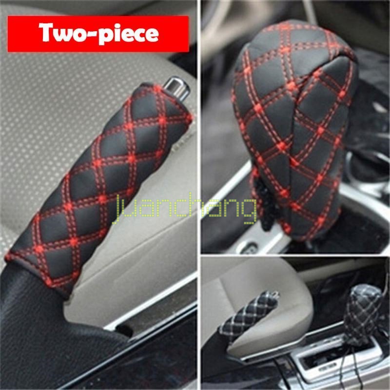 2pcs Universal Grid Microfiber Auto Mobil Kulit Imitasi handbrake Grips Faux Leather Gear Shift Knob Cover Penutup Rem Tangan Lengan 2in1 Set handbrake Perlengkapan Aksesoris Interior