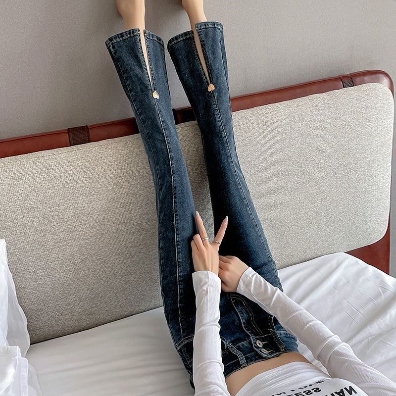 Red Musim semi dan musim gugur biru abu-abu elastis micro flared jeans wanita celah baru pinggang tinggi ramping delapan atau sembilan poin longgar versi Korea all-match