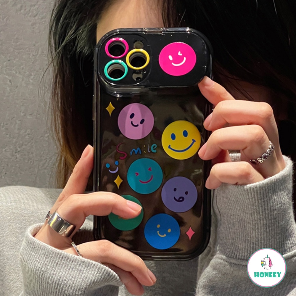 IPHONE Korea Wajah Tersenyum Emoji Tak Terlihat Flip Mirror Phone Case Kompatibel Untuk Iphone14 13 12 11 Pro Max Stand Holder Cermin Adjustable Lembut TPU Penutup Belakang