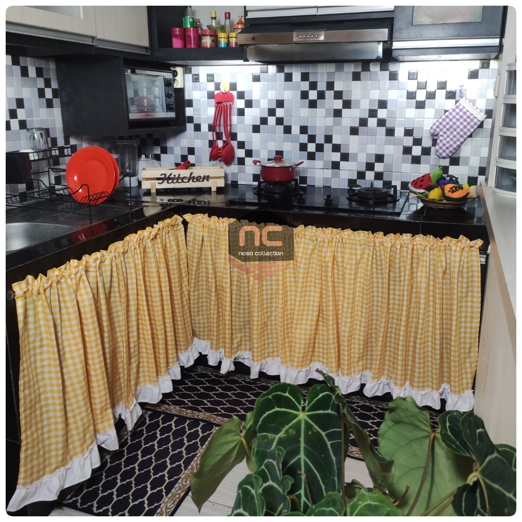 Gordeng KOLONG DAPUR Berhias RUFFLE BAWAH Polos SINGLE Gorden / Tirai Kolong Dapur Motif Kotak Gingh